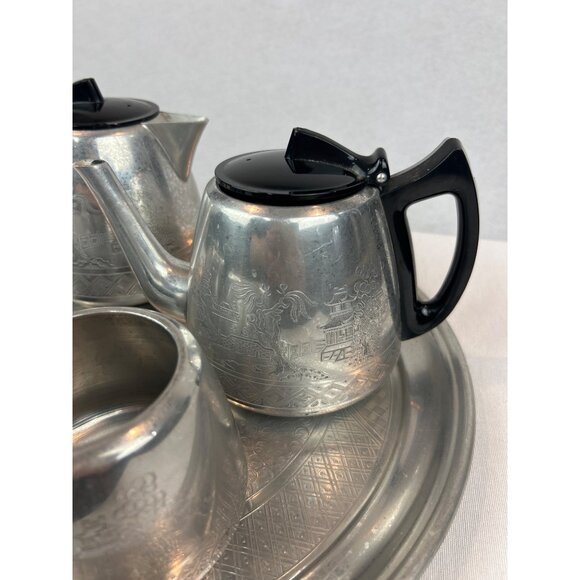 Vintage Swan Brand Willoware Aluminum Tea Set Tray Asian Landscape - Picture 2 of 12